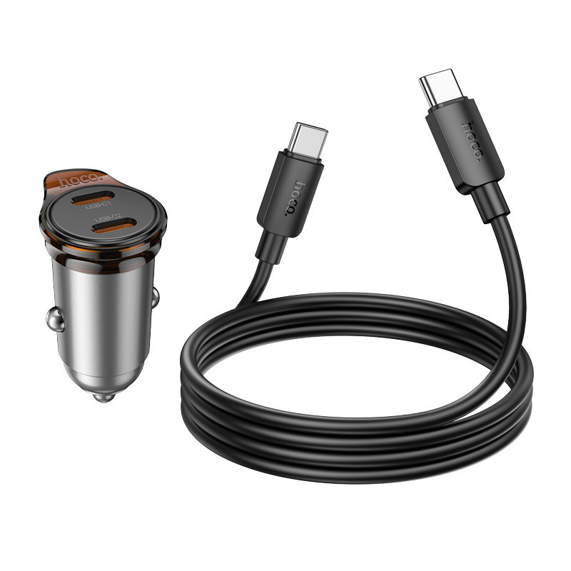 Hoco NZ16B Incarcator Auto + Cablu USB-C, 1m, PD45W, 2xUSB-C, Gray