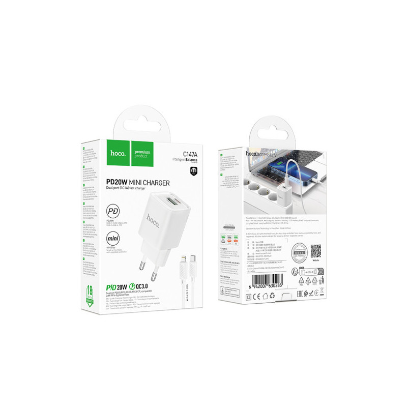 Hoco C147A Incarcator Retea + Cablu Lightning, 1m, PD20W, 1xUSB-C, 1xUSB-A, White