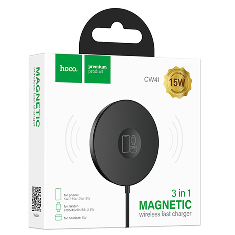 Hoco CW41 Incarcator Wireless, MagSafe, 15W, Qi Charging, Magnetic, 3 in 1, Black