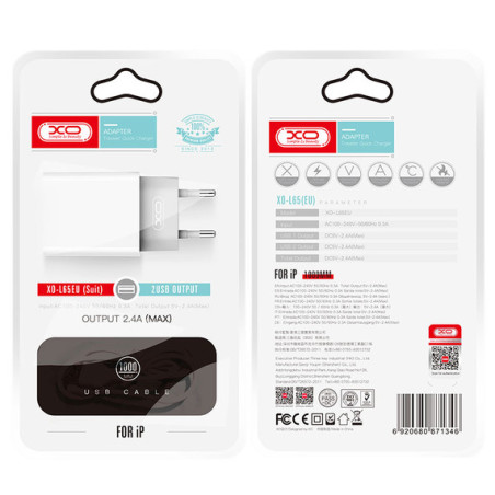 XO  Incarcator Retea + Cablu Lightning, 2.4A, 2xUSB-A, QC 3.0, White