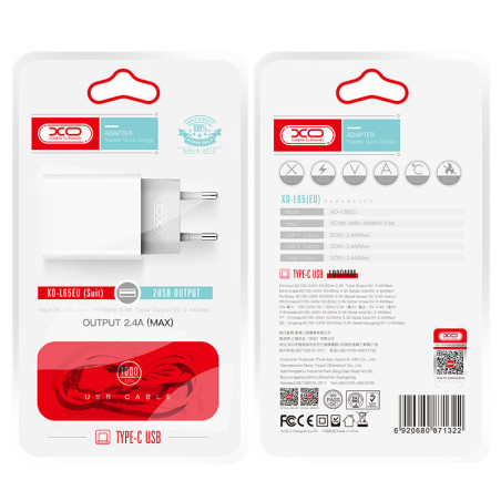 XO  Incarcator Retea + Cablu USB-C, 2.4A, 1xUSB-A, QC 3.0, White