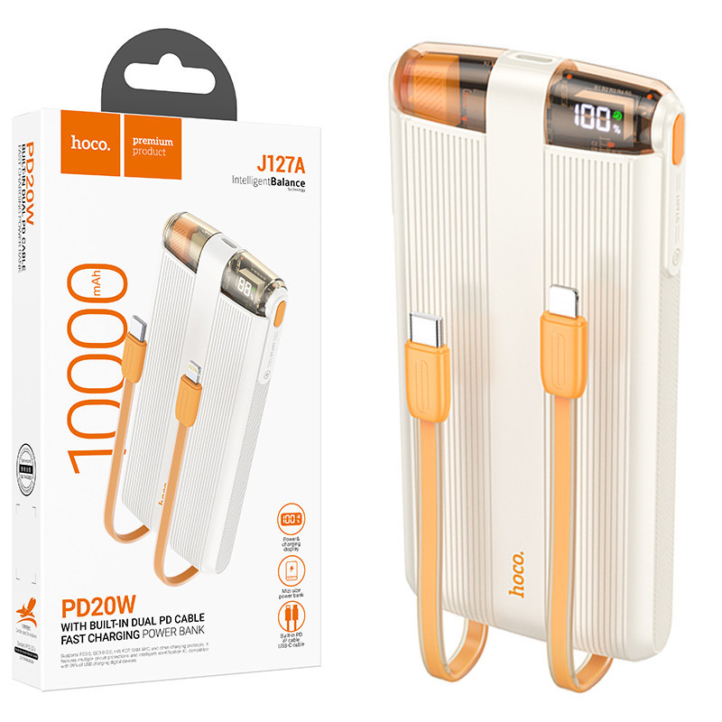 Hoco J127A PowerBank, mini-cabluri USB-C Lightning x 20W, 5V, 2A, 10000mAh, Display LED, Mecha Dual,Milky WHITE