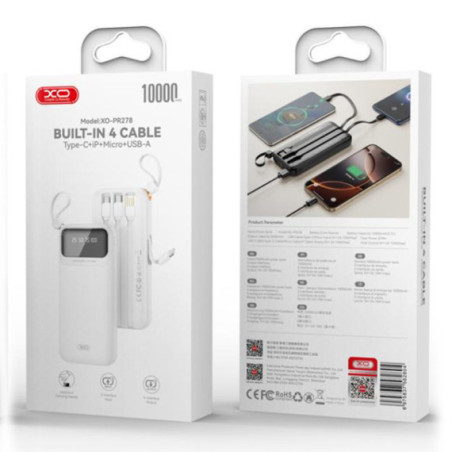 XO Baterie Externa + Cabluri 4in1, USB-A/USB-C/microUSB/Lightning, afisaj LED, 10.000mAh, WHITE