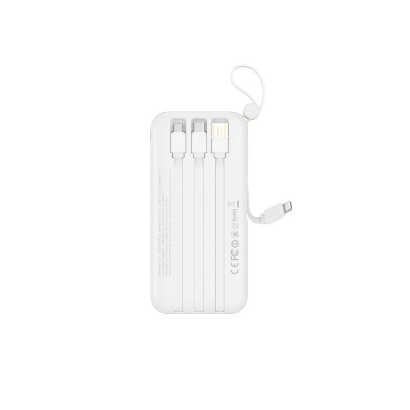 XO Baterie Externa + Cabluri 4in1, USB-A/USB-C/microUSB/Lightning, afisaj LED, 10.000mAh, WHITE