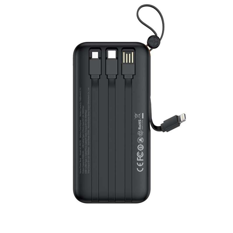 XO Baterie Externa + Cabluri 4in1, USB-A/USB-C/microUSB/Lightning, afisaj LED, 10.000mAh, Black