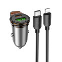 Hoco NZ16A  Incarcator Auto + Cablu Lightning, 1m, PD43W, 1xUSB-C, 1xUSB-A, Gray