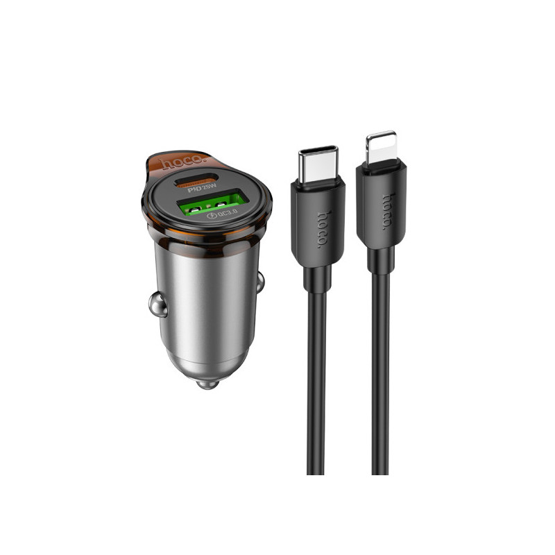 Hoco NZ16A  Incarcator Auto + Cablu Lightning, 1m, PD43W, 1xUSB-C, 1xUSB-A, Gray