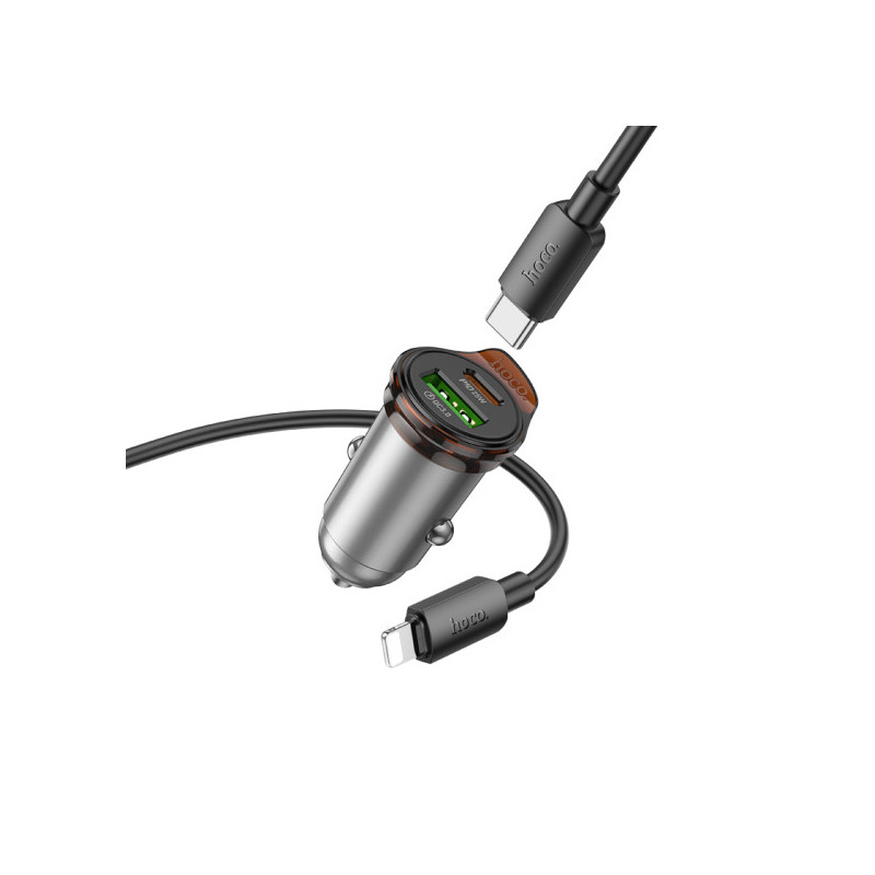 Hoco NZ16A  Incarcator Auto + Cablu Lightning, 1m, PD43W, 1xUSB-C, 1xUSB-A, Gray